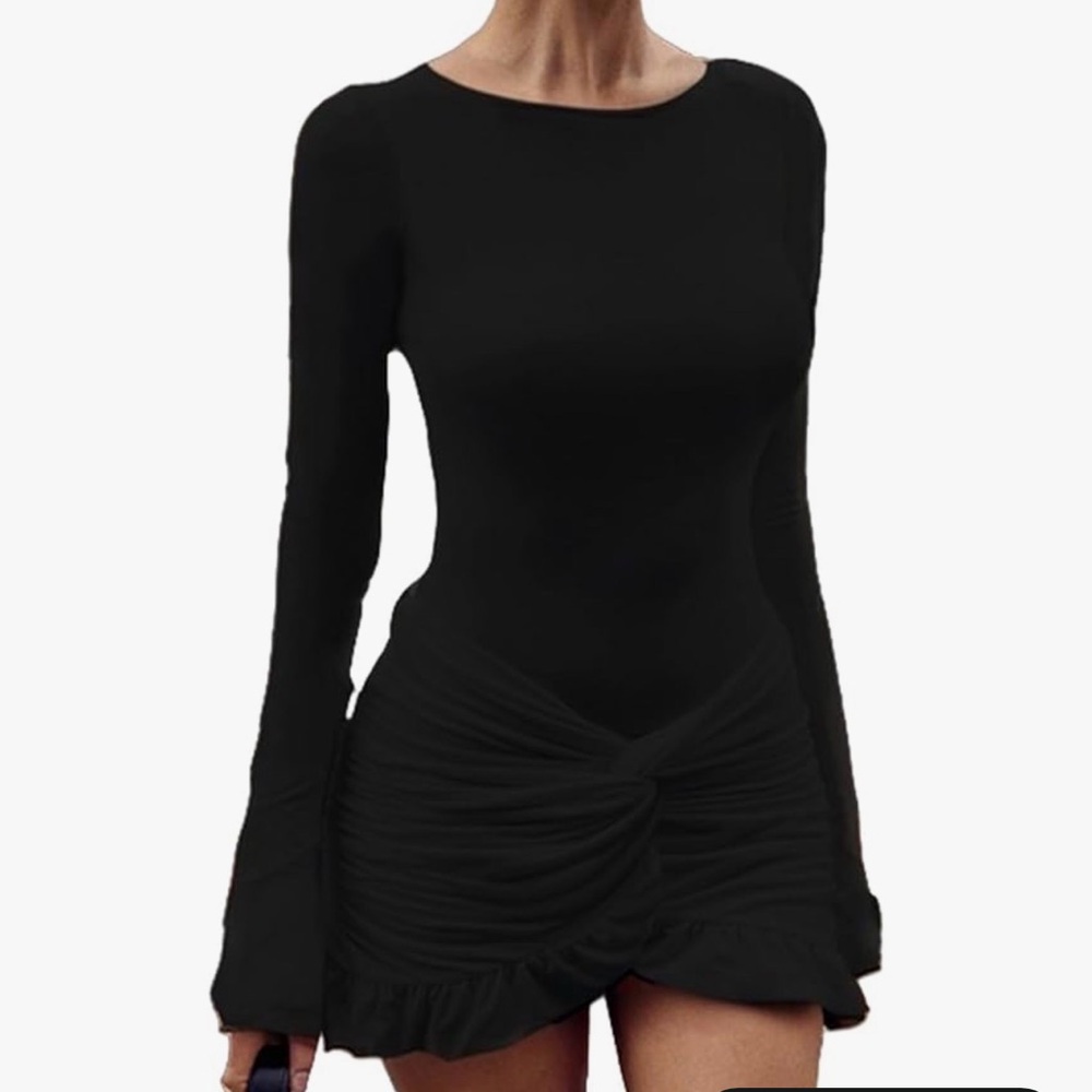 Ruffle Dress Long Sleeve Elegant Round Neck Slim Fit Mini Party Slim Fit Dress
